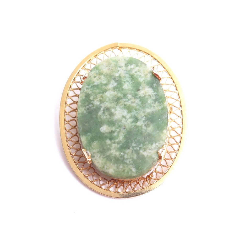 GREEN WHITE OVAL GEMSTONE CAB‎ GOLD FILLED FILIGREE VINTAGE PIN & PENDANT